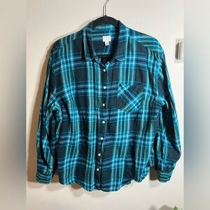 a new day Women's Blue and Teal Plaid Button Down Shirt